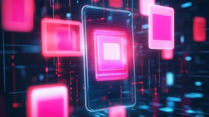 Glowing squares float in a digital matrix