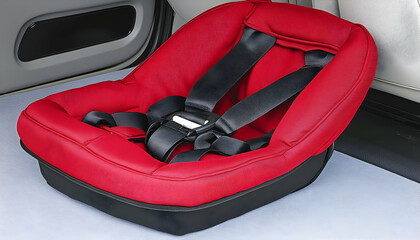 Obraz premium Red baby car seat in car boot, safety, travel, child, infant, transportation.