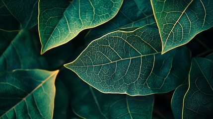 Obraz premium Close-up of vibrant green leaves with intricate veins.