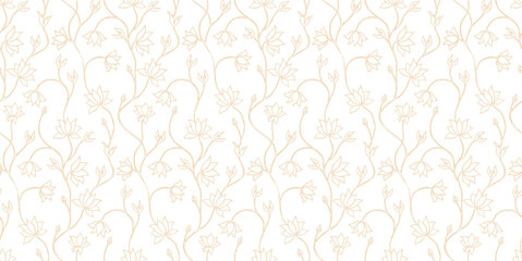 Repeating lotus flower and vine pattern on white background, blending traditional and modern style.