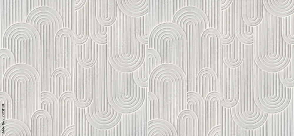 Wall mural minimalist abstract pattern of raised curved arches and vertical lines in soft neutral tones.