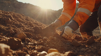Geologist collecting soil samples from a remote mining site under the sun. Featuring research and exploration