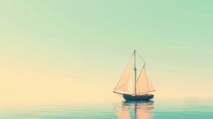 Solitude at Sea, Sailboat on Calm Waters, Serene sailboat on tranquil ocean at sunrise.