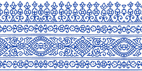 Traditional ornamental floral border pattern in blue with intricate symmetrical details.