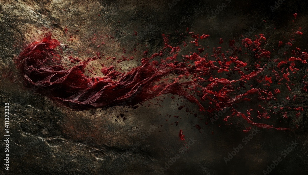 Poster scarlet stream amidst shadows, artistic rendering of fluid dynamics in the dark