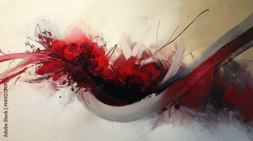 Poster dynamic abstract expressionist composition featuring bold reds and flowing forms