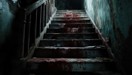 Sinister Ascent: Blood-Stained Stairway in an Abandoned Structure of Horror