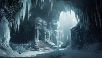 Icy domain of an ancient structure shrouded in snow and frozen formations