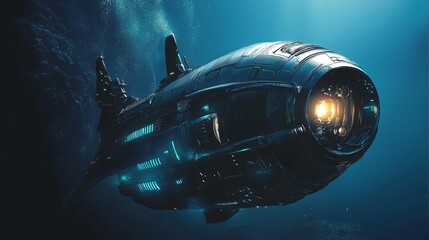 Obraz premium A sleek futuristic submarine gliding through deep ocean waters, illuminated by glowing blue lights, creating a mysterious atmosphere.