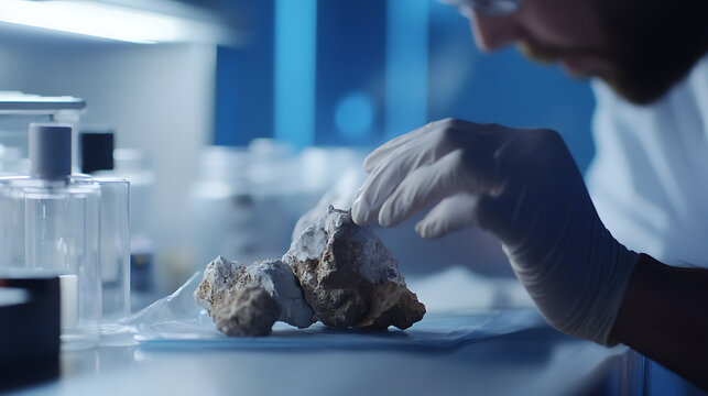 Geologist examining mineral samples in a laboratory to assess their potential value for extraction. Featuring lab work and analysis