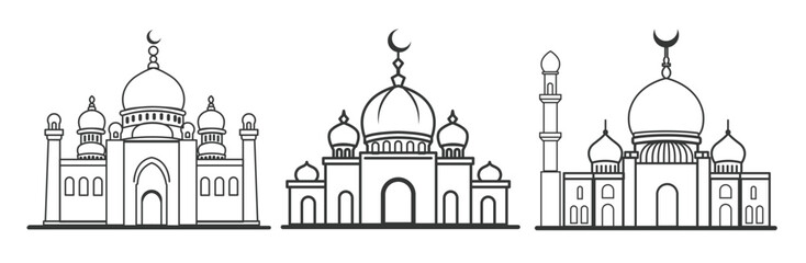 Line Art Illustration of Islamic Mosques with Domes and Minarets