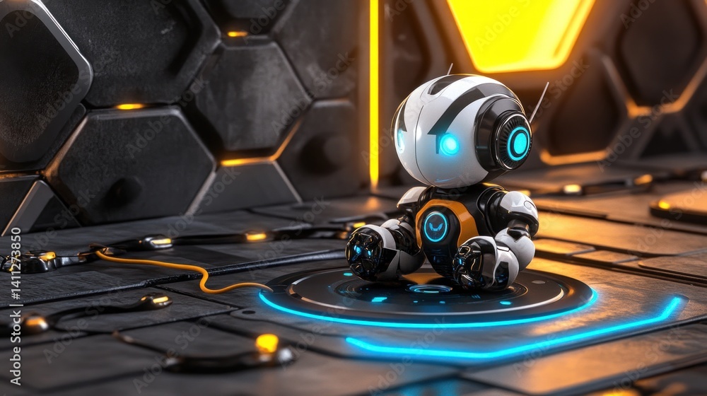 Poster futuristic robot sitting in tech lab