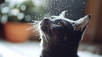 Adorable black cat covered in snowflakes, looking up with water droplets, winter scene.