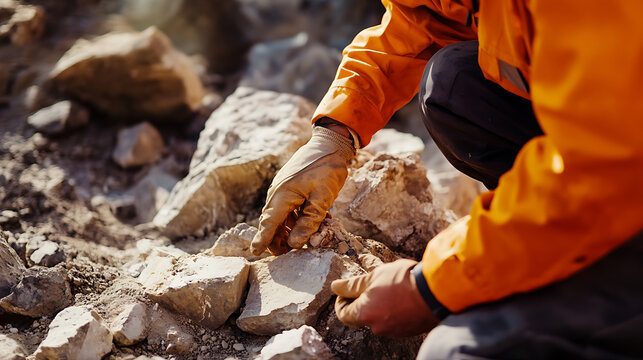 Geologist examining rock samples at a mining exploration site. Featuring sample collection and geological study