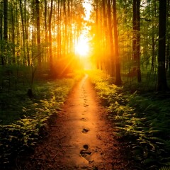 Obraz premium Golden Forest Pathway – Light of Spiritual Awakening