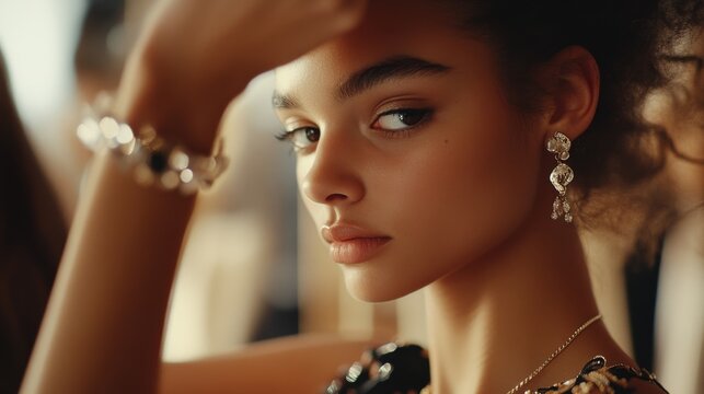 A fashion model adjusting accessories in a designer boutique. Featuring style and sophistication