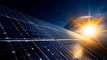 A stunning view of solar panels capturing sunlight with a distant planet illuminated by a rising sun in the background, showcasing renewable energy.
