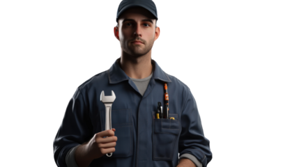 Mechanic with Wrench: A serious looking, professional mechanic holds a wrench with an intense look in his eyes, showcasing a serious and professional side of manual labor.