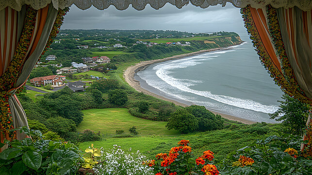 Fototapeta Serene coastal view framed by lush garden, seen from a window with elegant curtains, showcasing ocean waves and hillside homes.