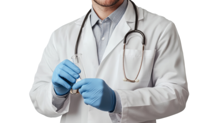 Doctor preparing medication: A close-up shot of a doctor's hands wearing blue gloves, carefully preparing medication. The doctor is wearing a white coat and stethoscope.