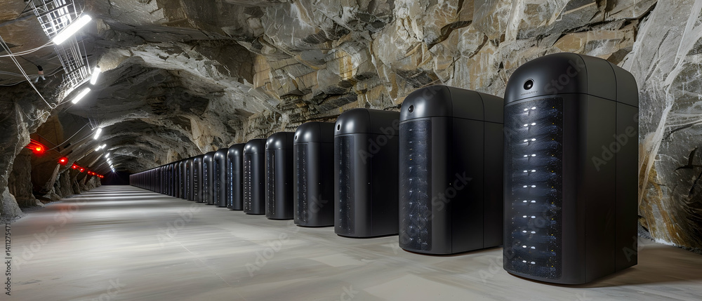 Poster modern data center servers housed in a subterranean rock tunnel. high-tech infrastructure, innovativ