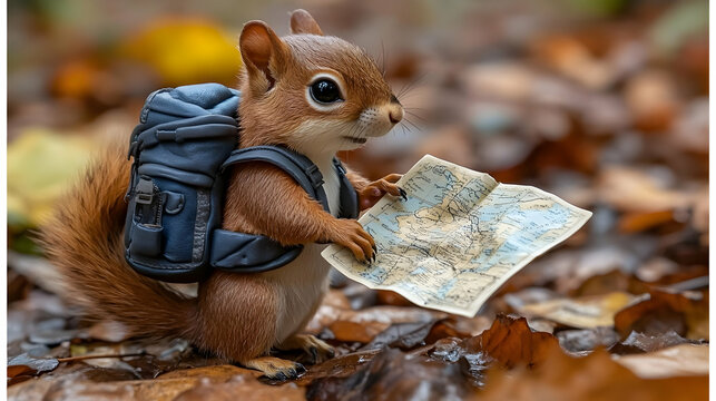 Adorable squirrel backpacker studying a map amidst autumn leaves. A whimsical image perfect for travel, nature, and adventure themes.