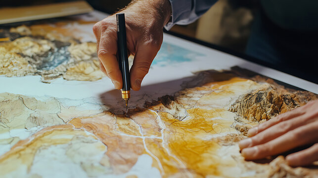 Geologist marking mineral veins on a map in a mining exploration office. Featuring geological surveying and map analysis