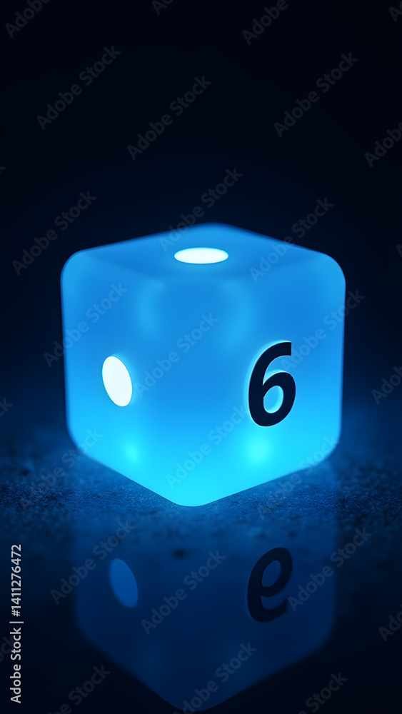 Poster led-illuminated blue glowing dice in dark setting showing perfect light distribution through resin o