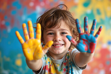 A cheerful young child smiling and showing off their hands painted with yellow, blue, and red colors.