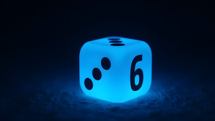 LED-illuminated blue glowing dice in dark setting showing perfect light distribution through resin on velvet in ultra-HD detail.