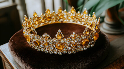 Sparkling golden crown adorned with amber and clear gemstones, rests on dark velvet.  Luxurious royal headpiece detail shot.
