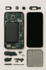 A close-up view of a cell phone with a broken battery indicating a need for repair or replacement of components