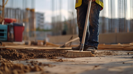 A construction worker cleaning the job site with a broom. Featuring attention to detail and cleanliness