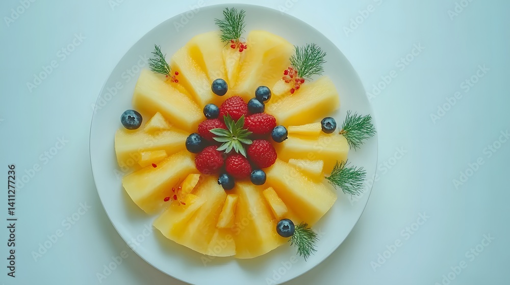 Poster a visually appealing fruit platter featuring slices of yellow melon arranged in a circular pattern, 