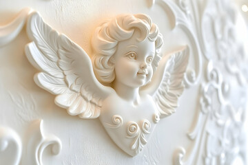 Elegant cherub angel sculpture relief, ornate white plaster detail, wall decor, home interior.