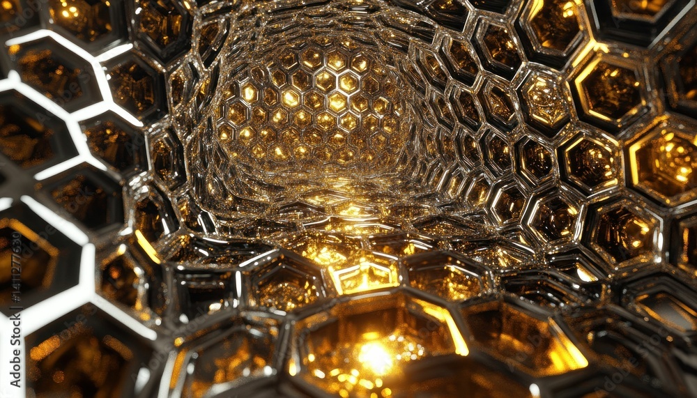 Poster illuminated hexagonal tunnel: abstract glowing honeycomb structure visualization