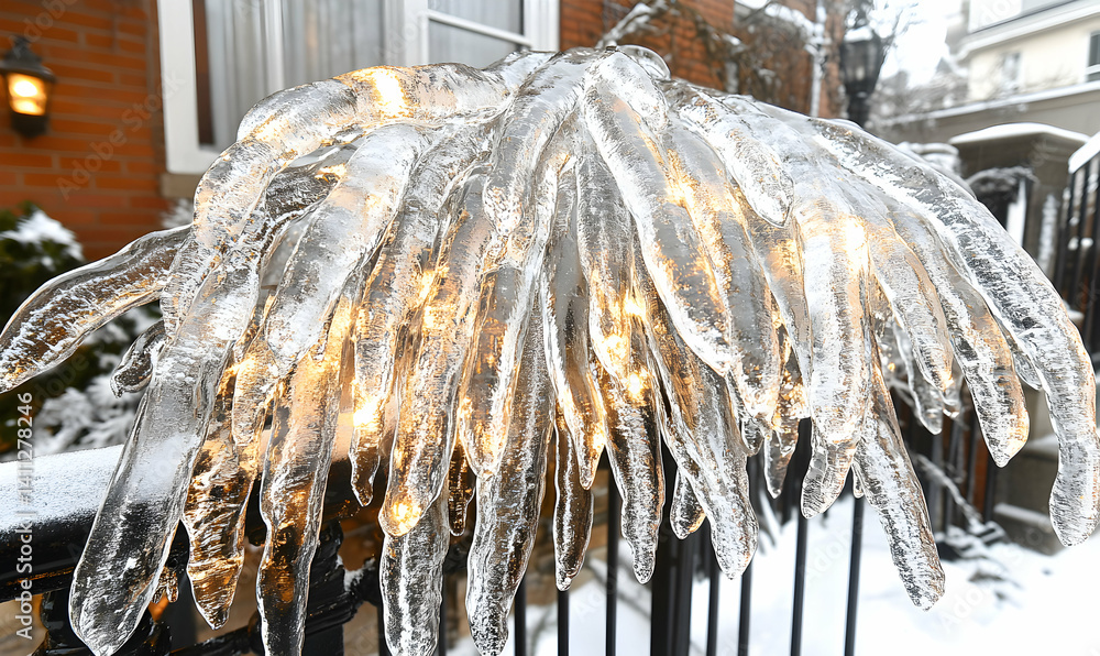 Poster stunning winter scene featuring a unique formation of icicles illuminated by warm lights, creating a
