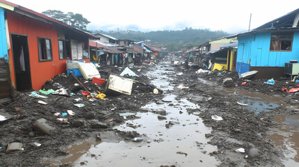 Aftermath of a devastating flood in a poor neighborhood, showing mud, debris, and damaged homes.  The image depicts the hardship and displacement caused by the disaster.