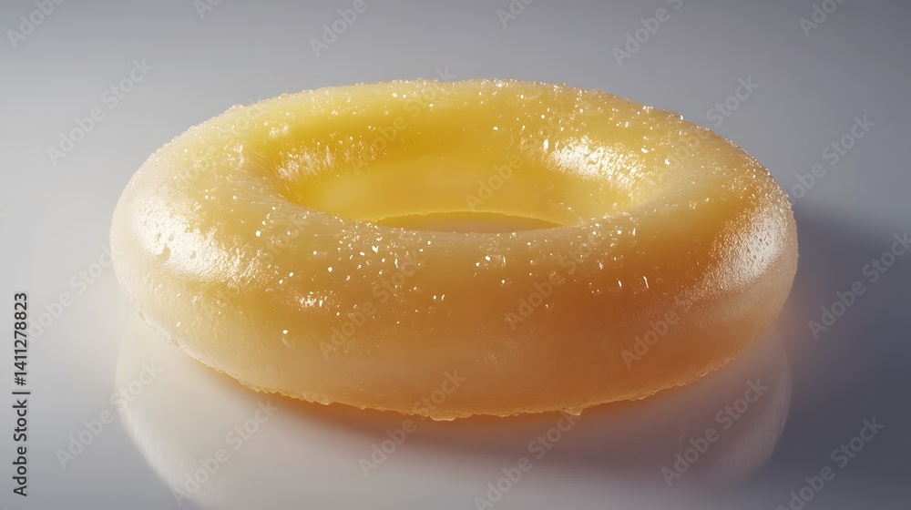 Poster close-up of a glossy, yellow ring-shaped object with water droplets. the smooth surface reflects lig