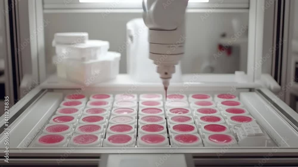 Poster automated robotic arm precisely dispensing liquid into pink samples in a sterile laboratory setting.