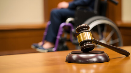 A gavel rests on a table in a courtroom, with a blurred figure in a wheelchair seated in the background, symbolizing justice and accessibility in legal settings.
