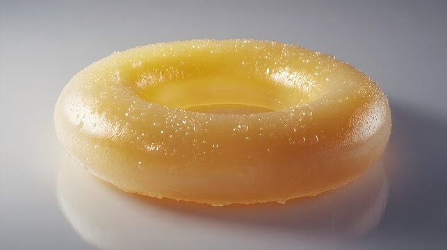 Close-up of a glossy, yellow ring-shaped object with water droplets. The smooth surface reflects light, creating a shiny appearance against a neutral background. - Powered by Adobe