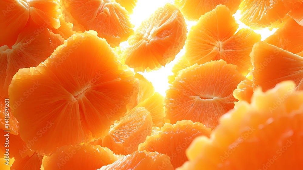 Poster a vibrant close-up of juicy orange slices, piled high and illuminated from behind, creating a bright