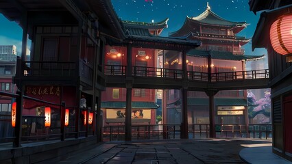 ゲーム背景　中華ファンタジー九龍城があるサイバー香港風景