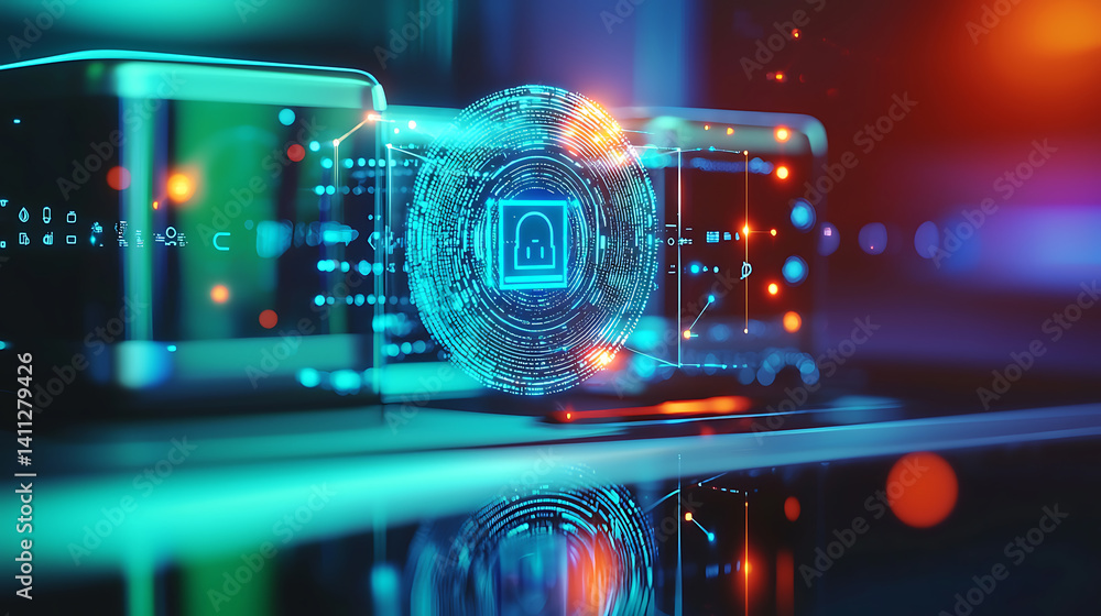 Poster cybersecurity action digital lock technology environment high-tech viewpoint data protection concept