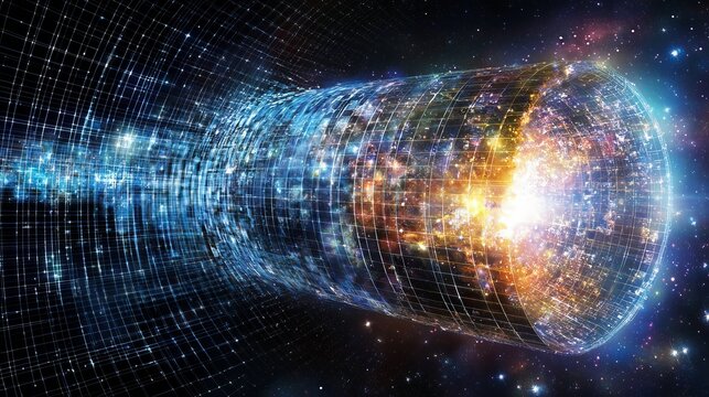 A stunning cosmic tunnel illuminated by vibrant lights, representing a journey through space and time, with a colorful galaxy in the backdrop.