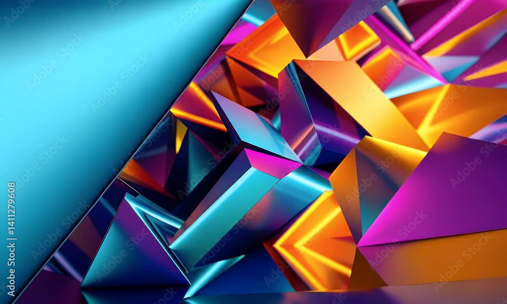 Poster abstract geometric composition featuring overlapping polygonal shapes with vibrant iridescent color 