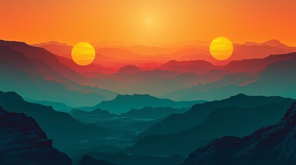 Obraz premium A stunning landscape view showcasing two suns setting over a colorful mountainous terrain in vibrant hues of orange and blue.