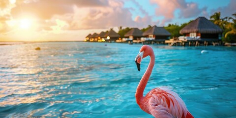 Fototapeta premium The picture of the flamingo is standing at the sea near resort in the middle of ocean, the flamingo is large wading bird known for its distinctive pink or red color, long legs, and curved neck. AIG51.