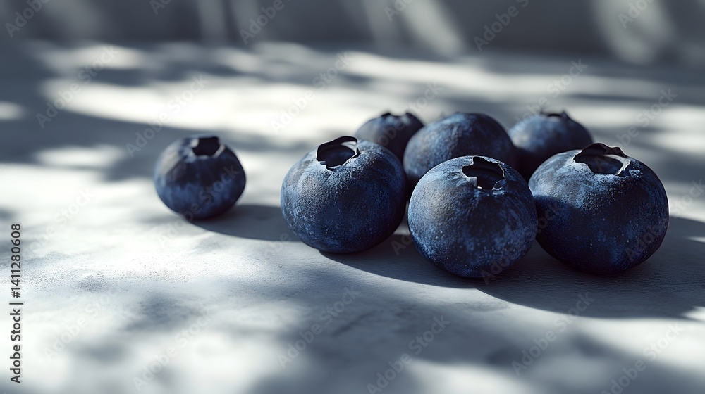 Aufkleber close-up of fresh blueberries on a light grey surface, bathed in soft sunlight. the image highlights